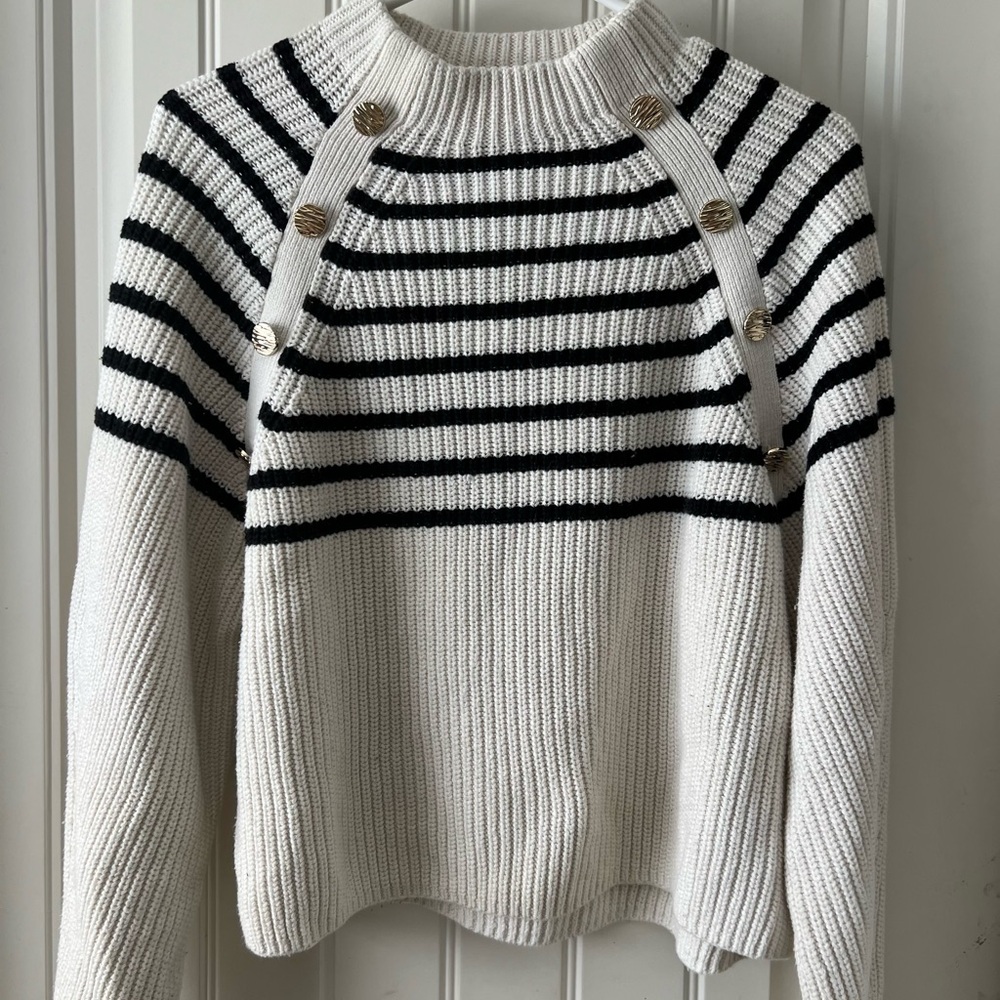 H&M Black and White Striped Sweater with Button Accents